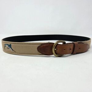 BATES WEB LEATHER BELT BROWN KHAKI HEAVY DUTY BRASS MARLIN FISHING MENS SIZE 36